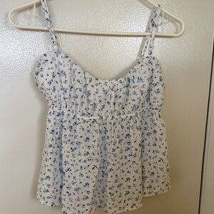 Rue21 White Tank with Blue Floral Print and Spaghetti Straps